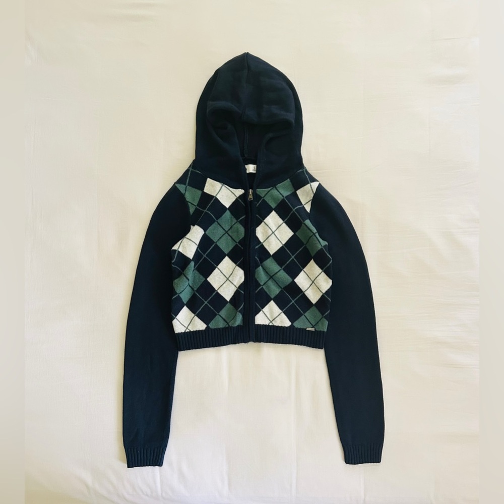 Hollister Navy Argyle Hooded Knit Zip up